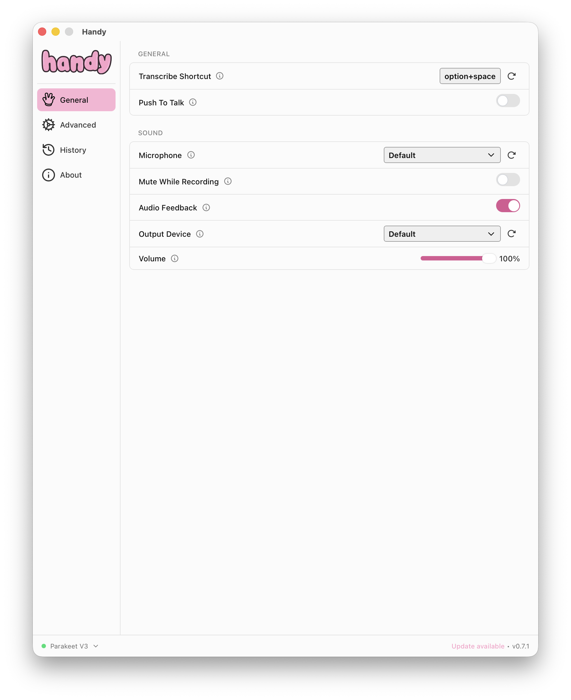 Handy app config — Transcribe Shortcut set to option+space, Push To Talk disabled